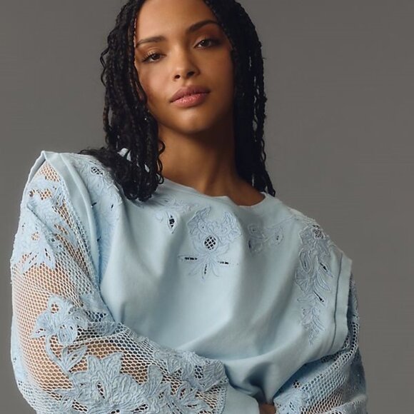 NEW By Anthropologie Embroidered Cutwork Sweatshirt size S blue - Picture 1 of 8
